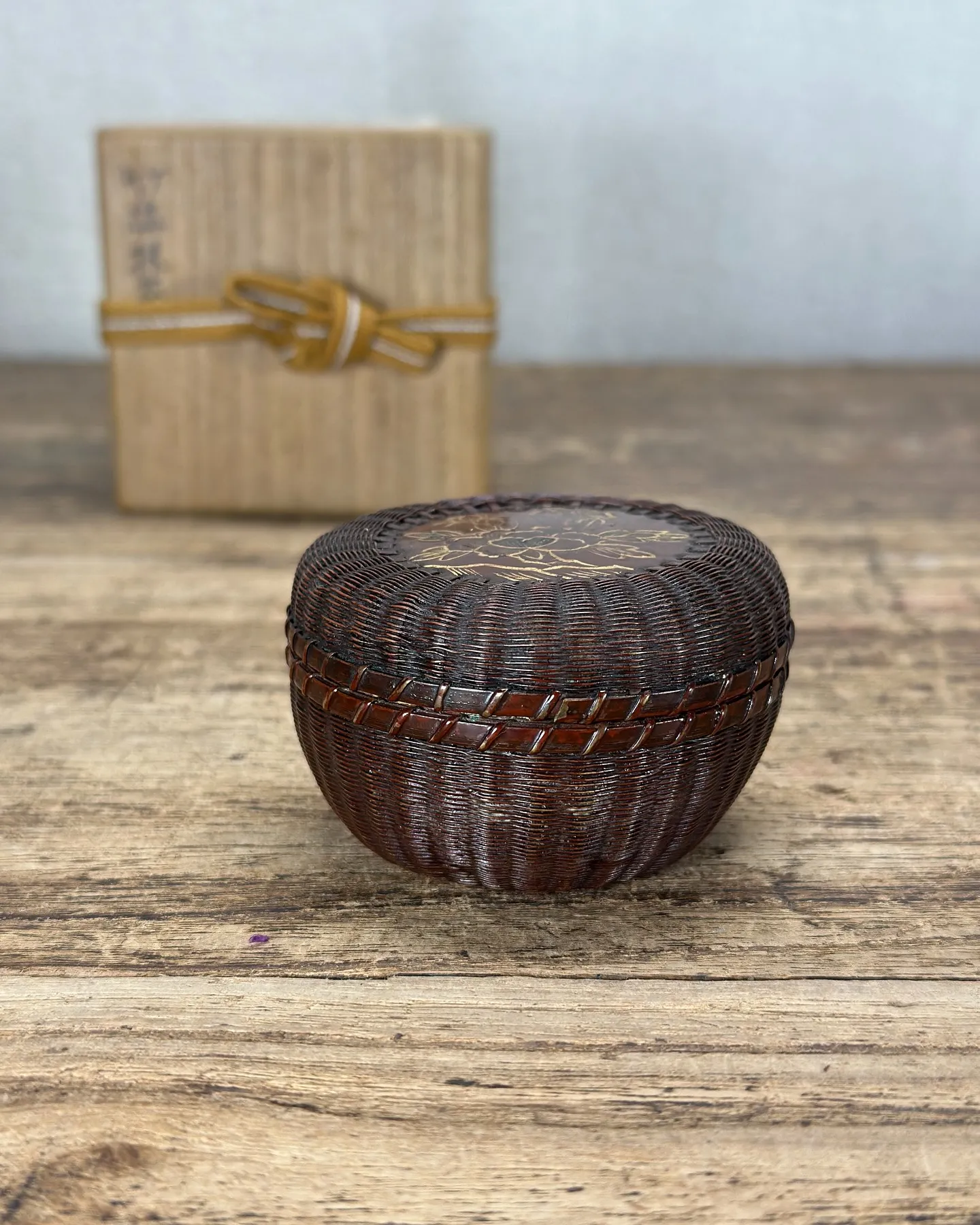 【時代 竹編 香合 漆器】