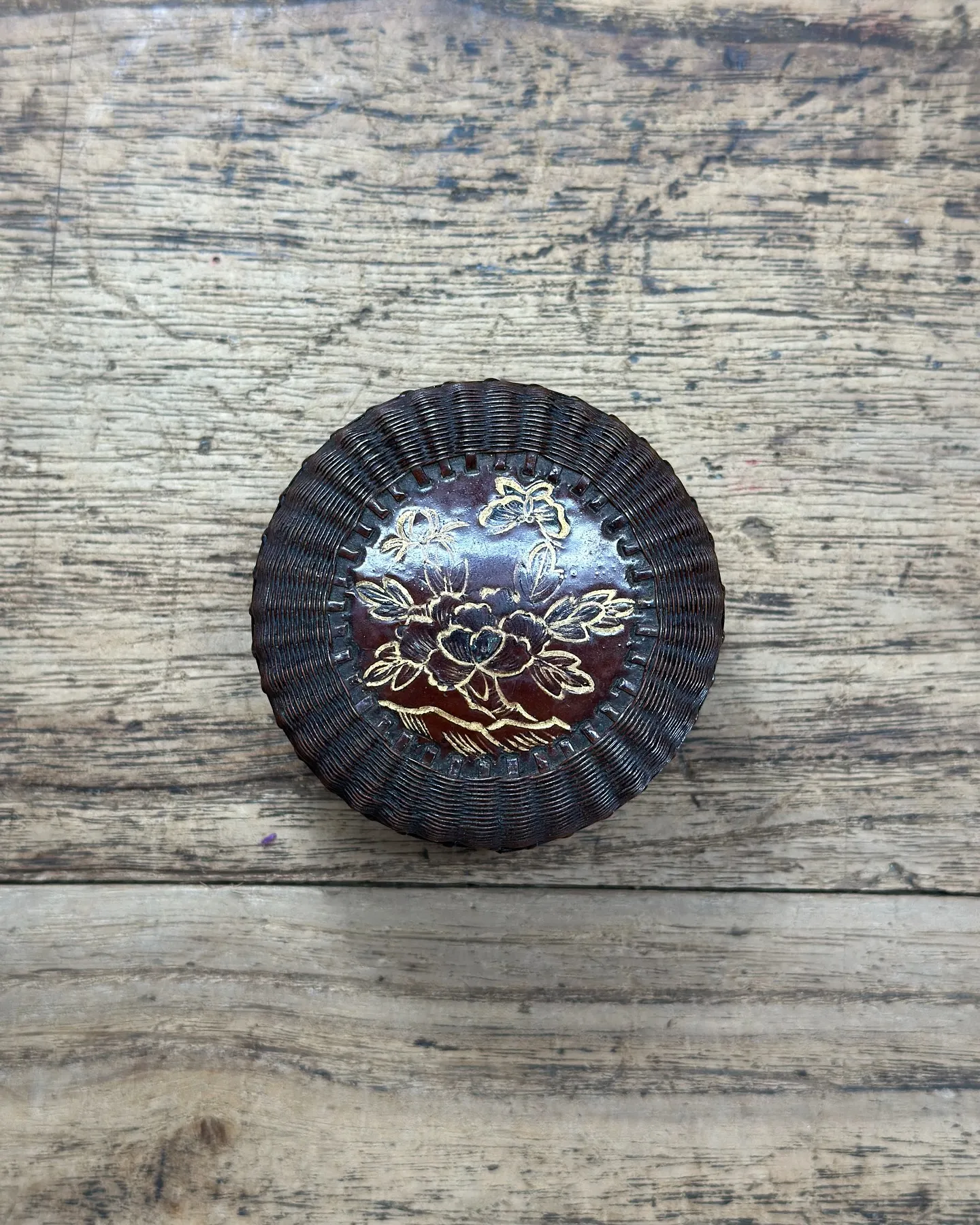 【時代 竹編 香合 漆器】