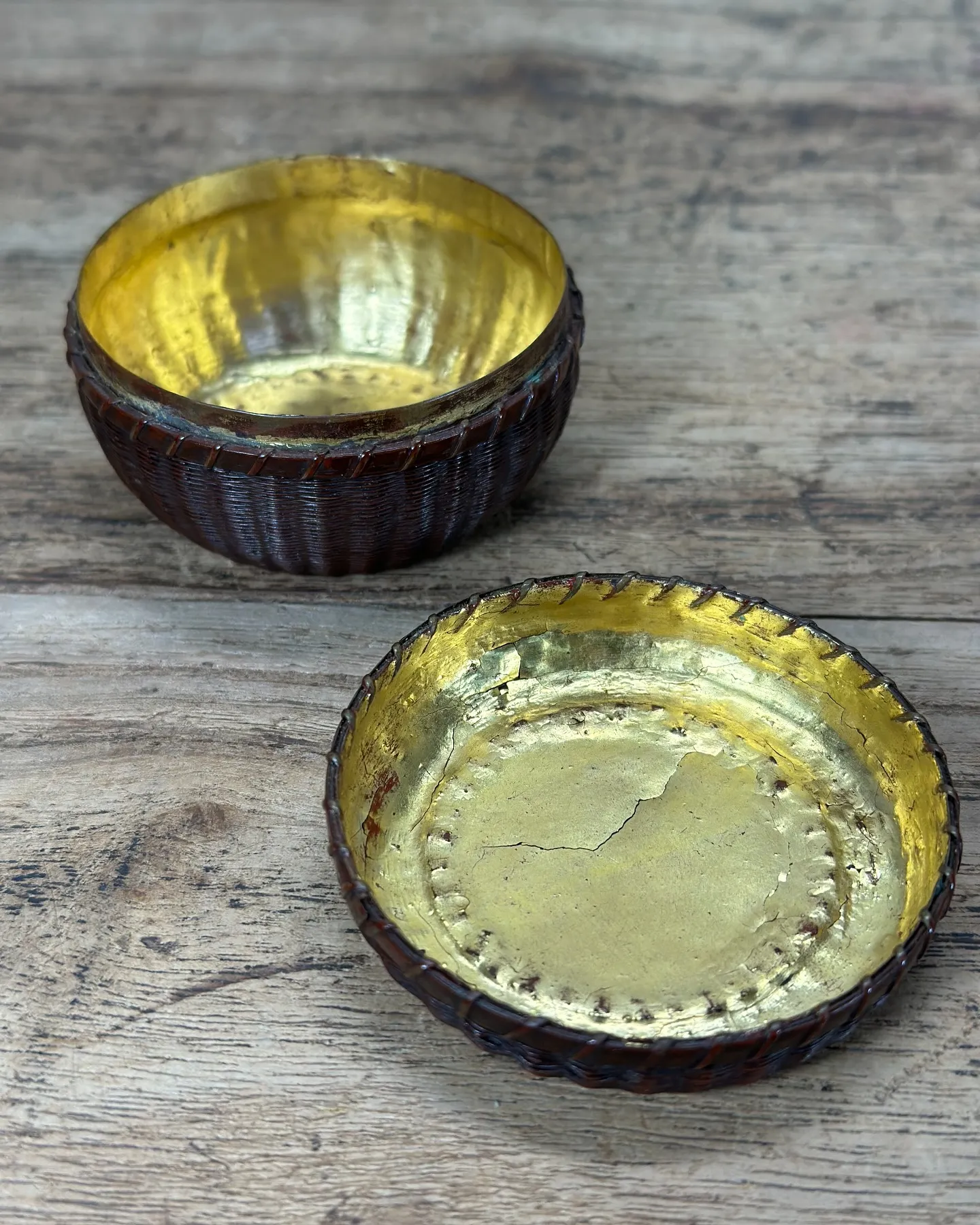 【時代 竹編 香合 漆器】