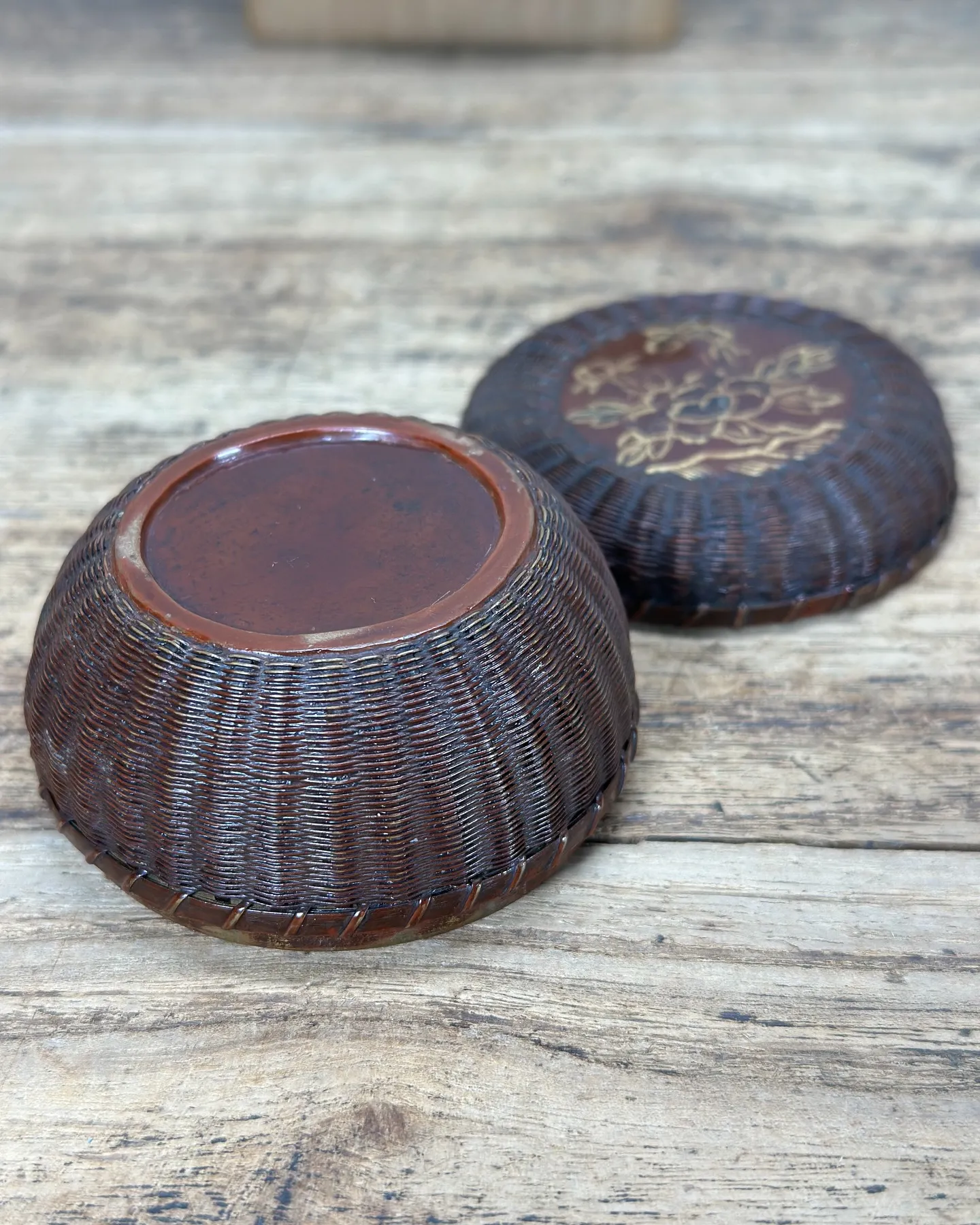 【時代 竹編 香合 漆器】