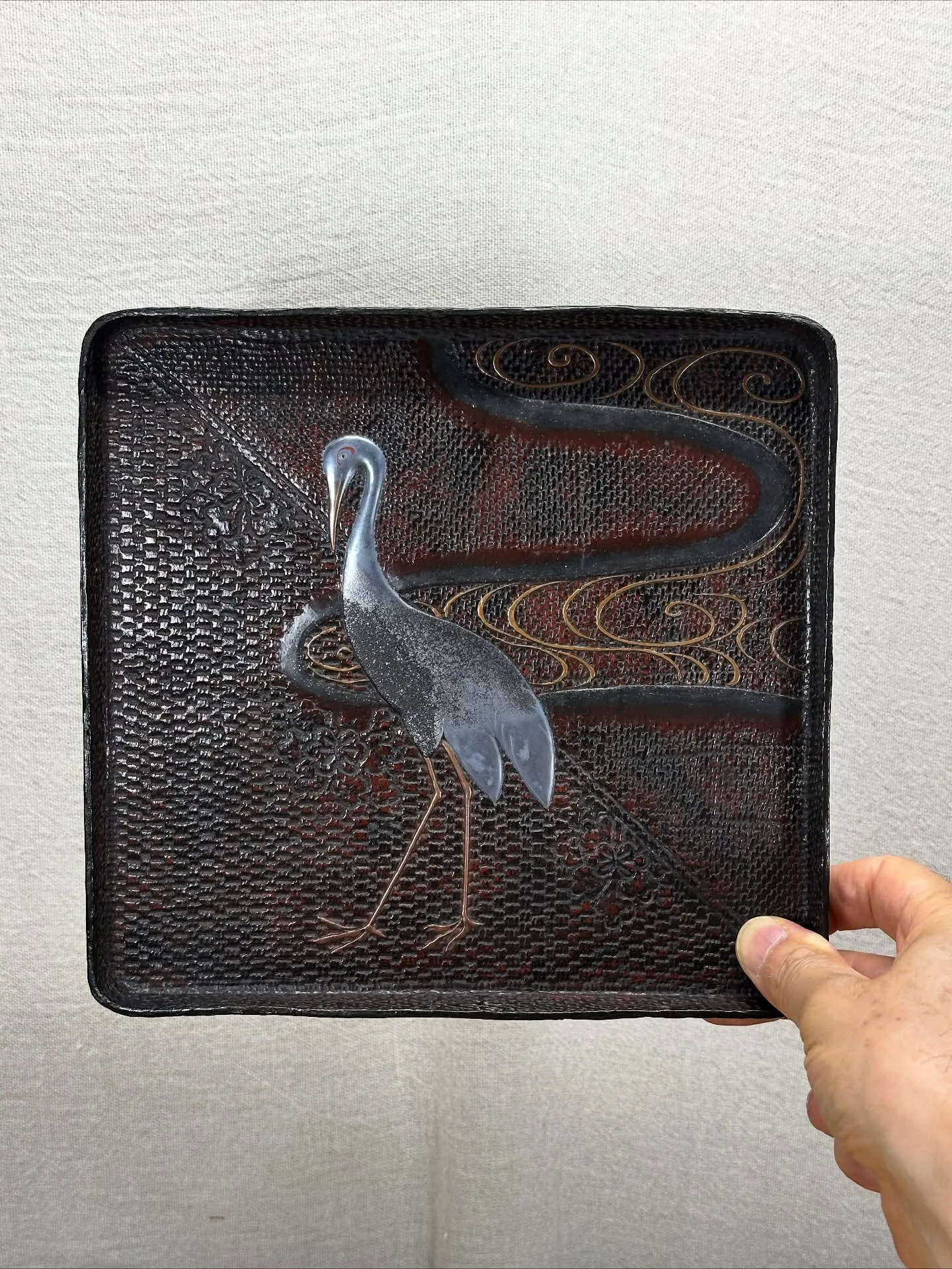 【時代 銀彩 鶴 乾漆 菓子盆 うぶ荷】